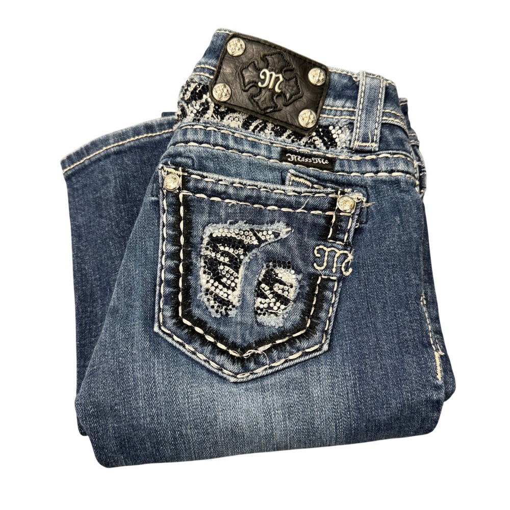 Miss Me Jeans Womens 25 (26x34) Blue Denim Bootcut Low Rise Embellished Bling